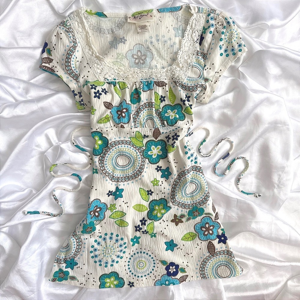Self Esteem Y2K Floral Mandala Babydoll Top Lace Trim Blue Green Small